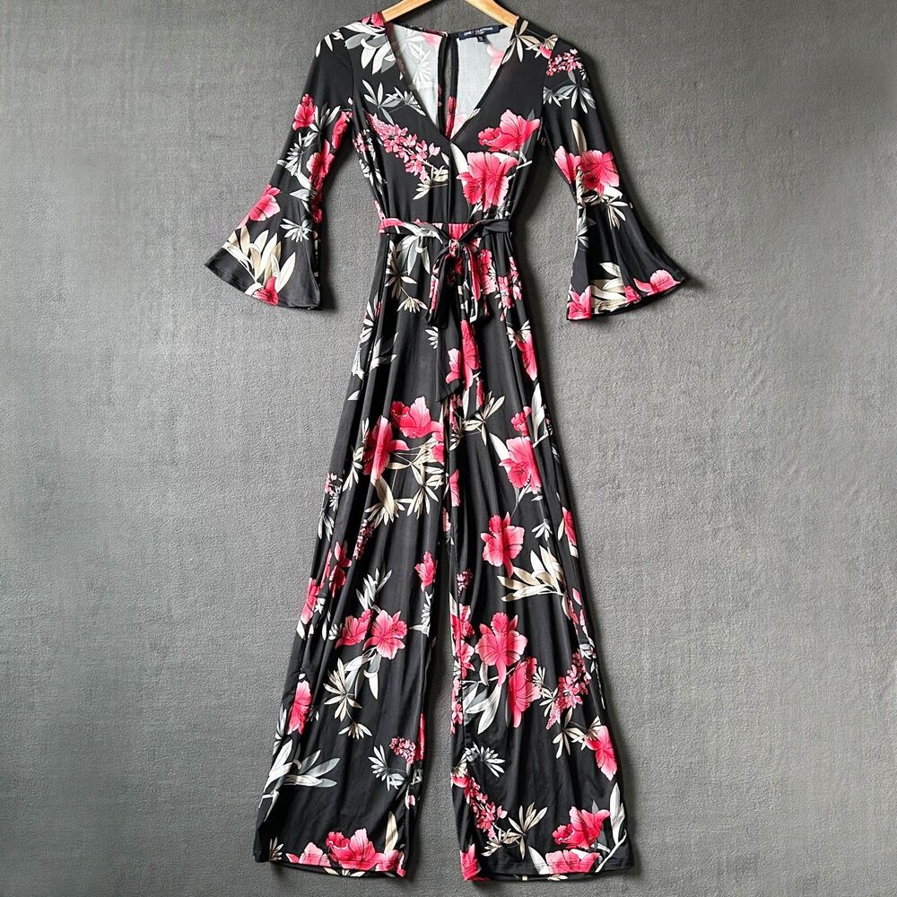 Jumpsuit Women's M Palazzo Wide Leg Black Red Floral Knit One Clothing NEW